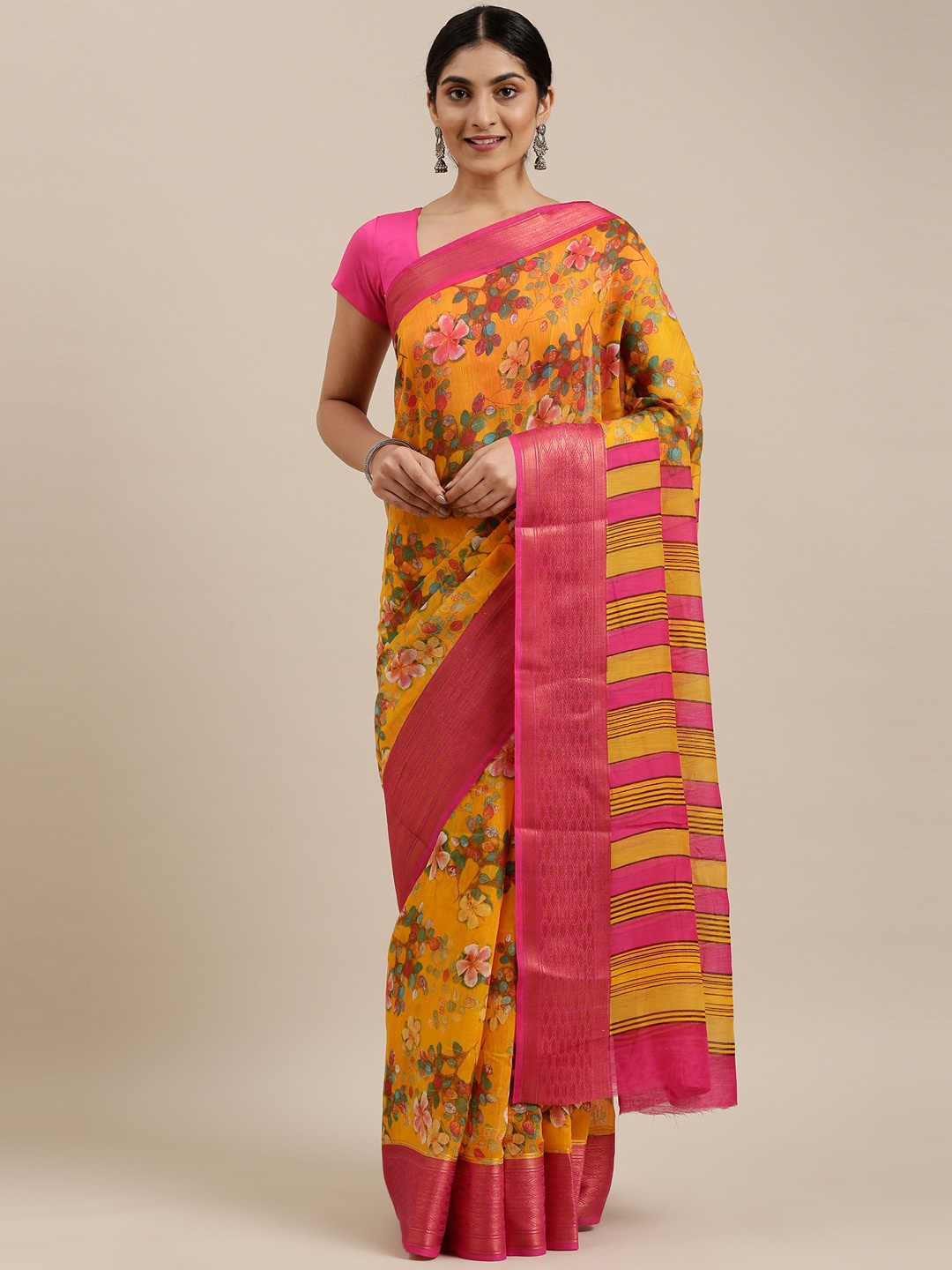 

The Chennai Silks Yellow & Pink Floral Printed Bhagalpuri Saree