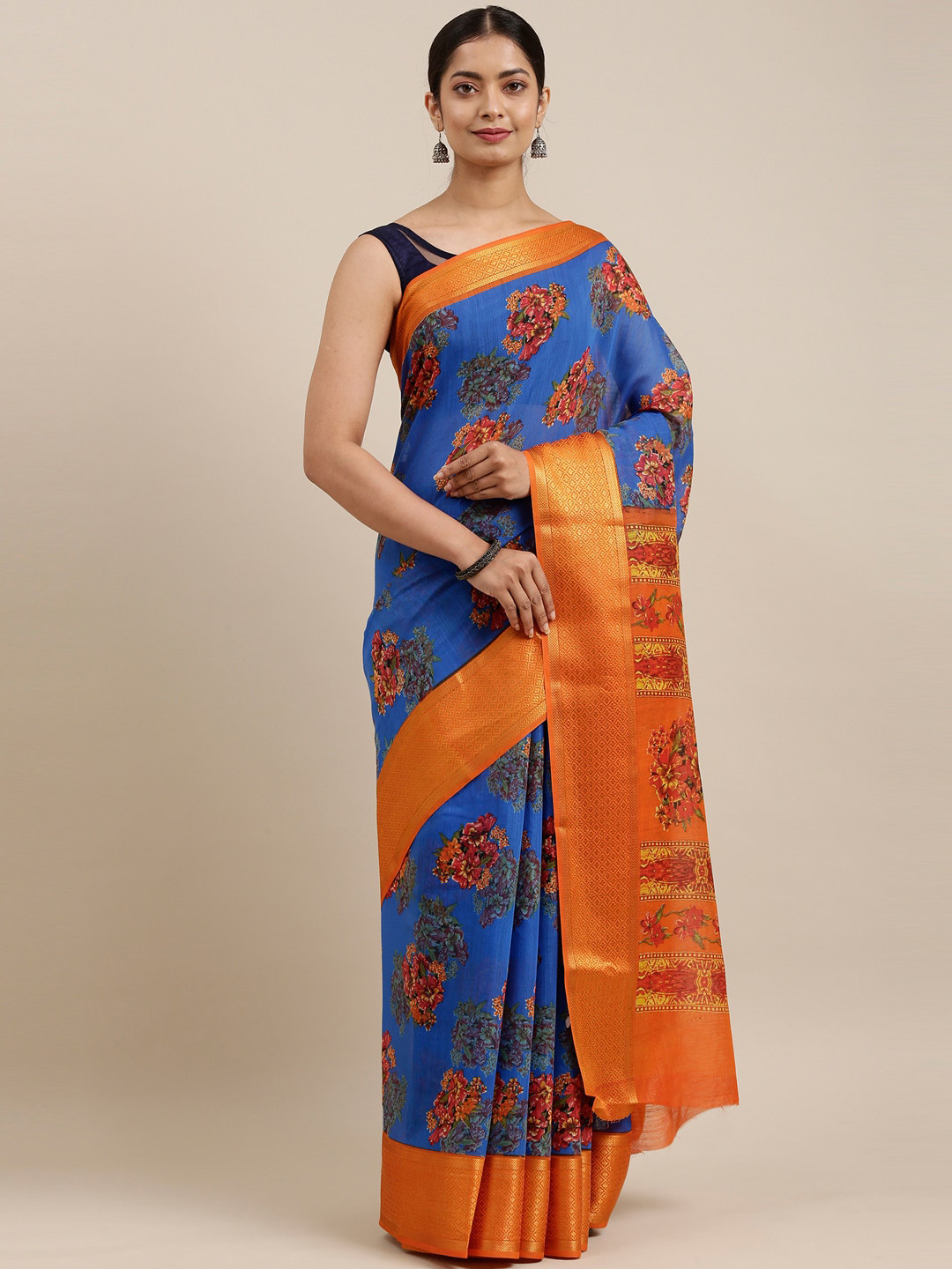 

The Chennai Silks Blue & Orange Floral Printed Bhagalpuri Saree