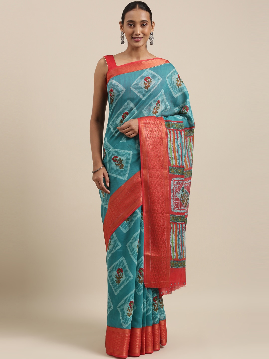 

The Chennai Silks Green & Blue Floral Printed Zari Bhagalpuri Saree