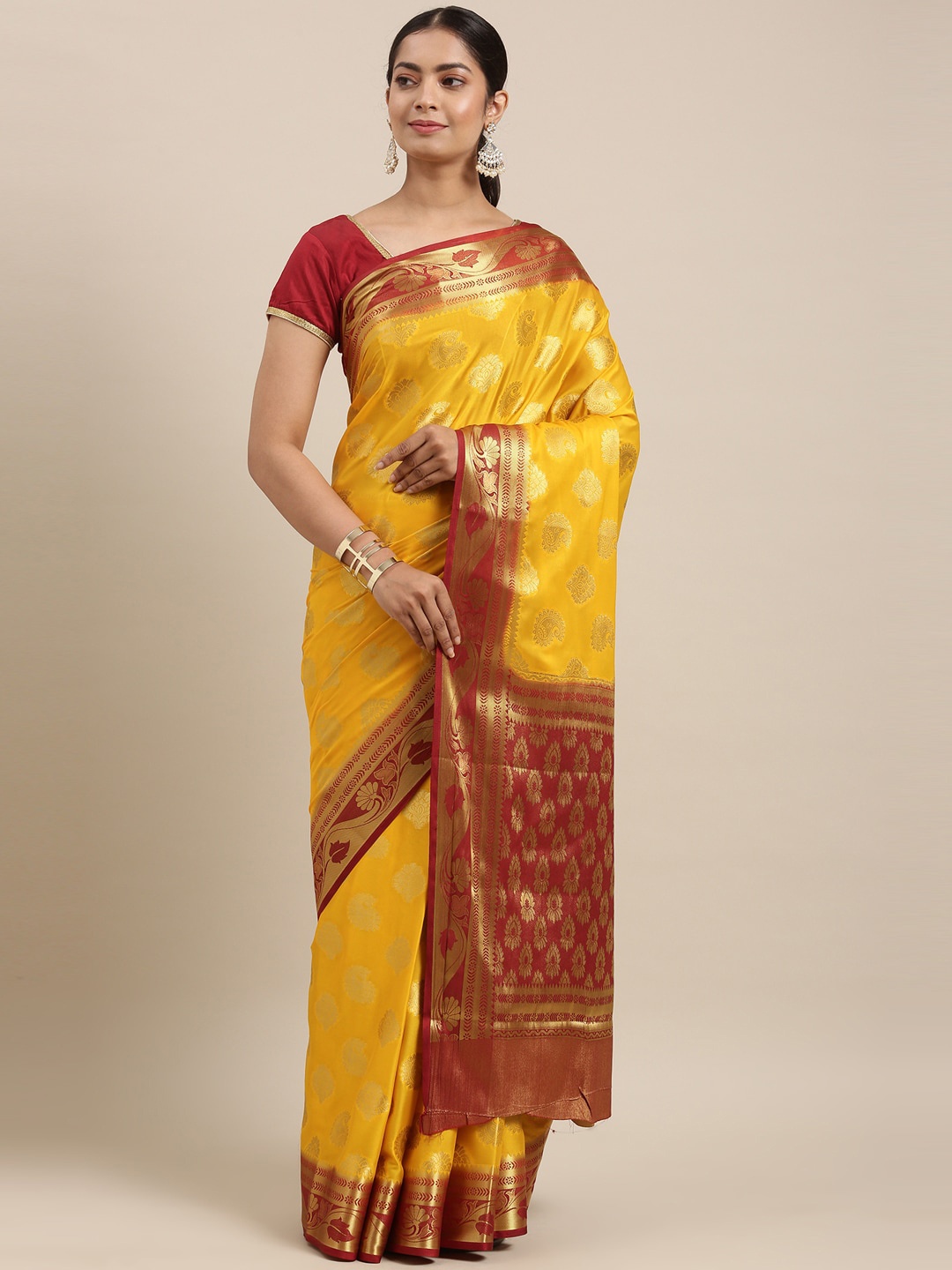 

The Chennai Silks Yellow & Maroon Ethnic Motifs Printed Saree