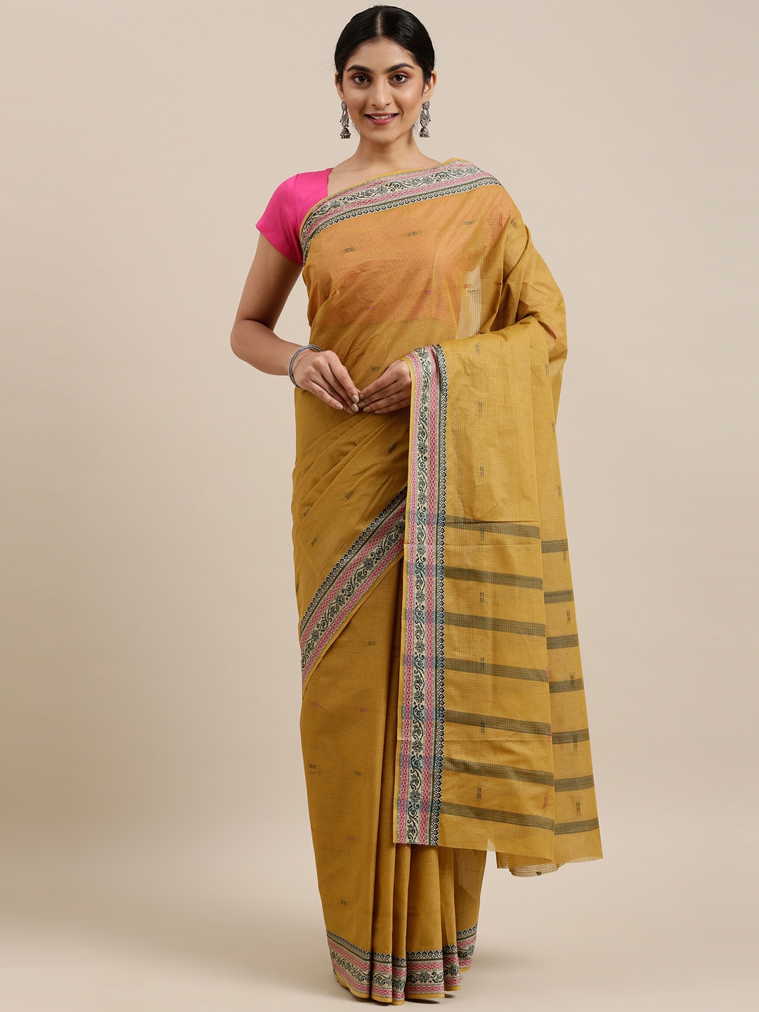 

The Chennai Silks Mustard & Black Woven Design Pure Cotton Saree