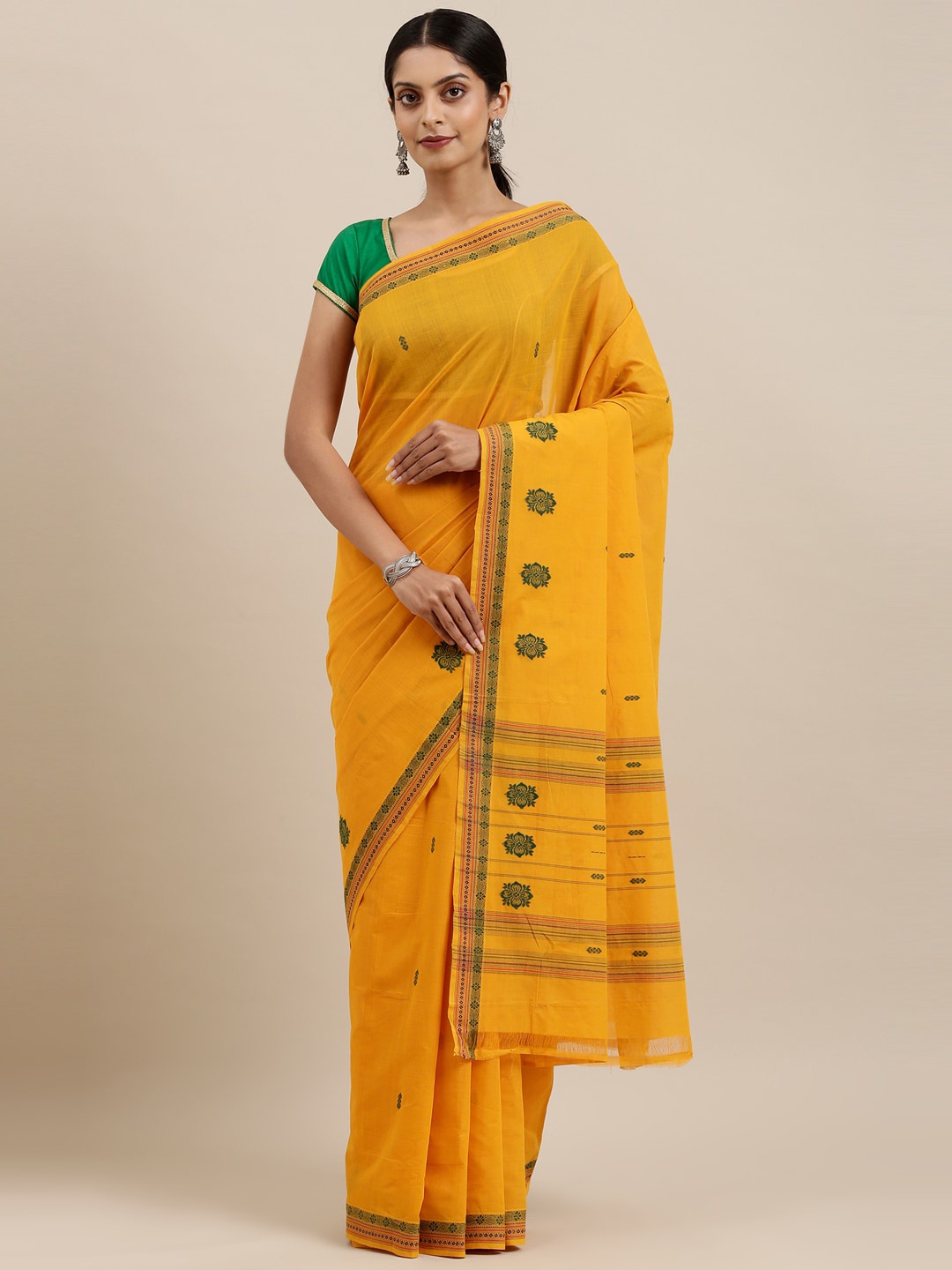 

The Chennai Silks Yellow & Green Woven Design Pure Cotton Venkatgiri Saree