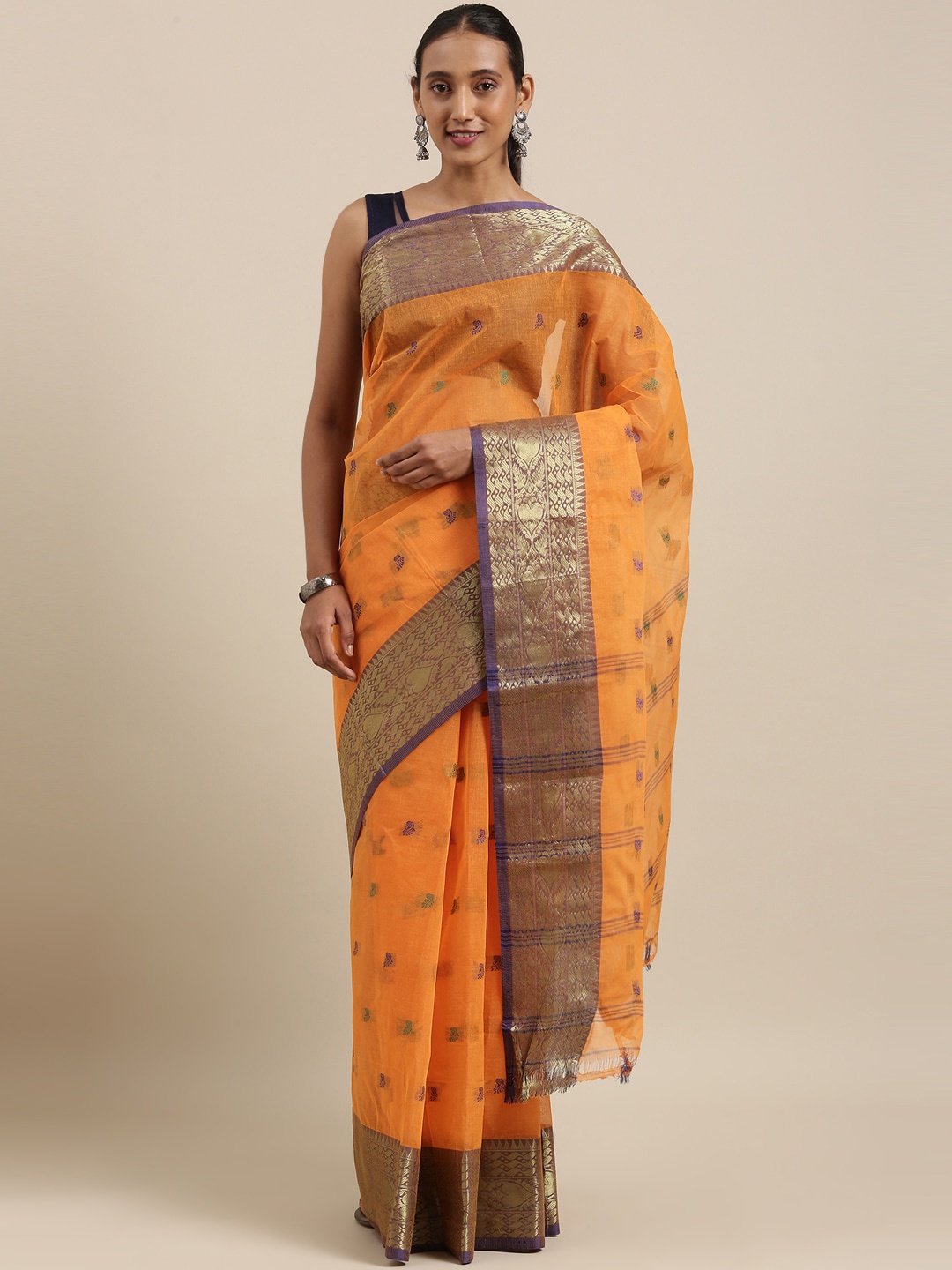 

The Chennai Silks Orange & Purple Ethnic Motifs Pure Cotton Taant Saree