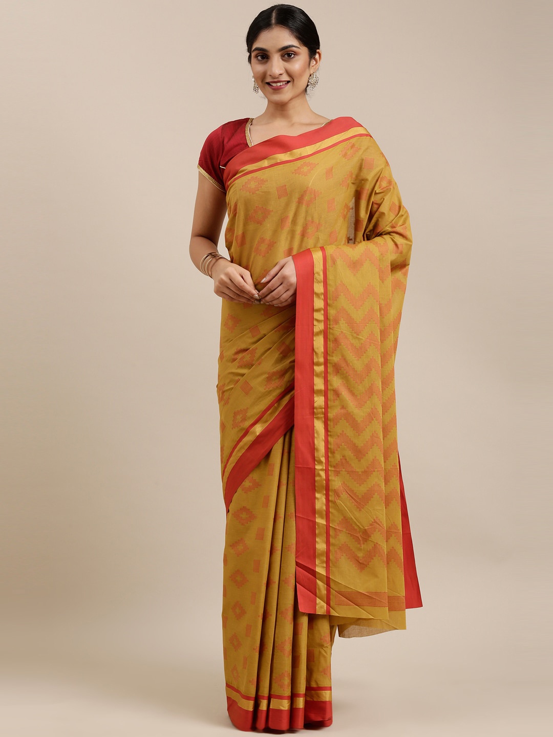 

The Chennai Silks Beige & Red Woven Design Pure Cotton Saree