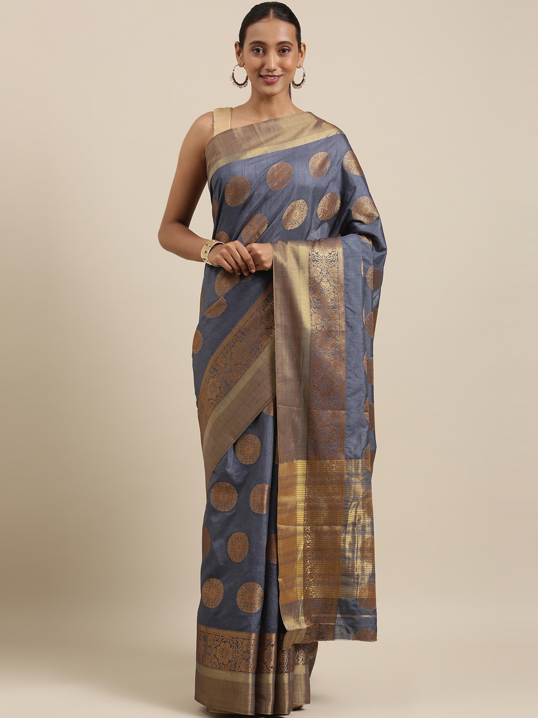 

The Chennai Silks Grey & Gold-Toned Woven Design Zari Saree