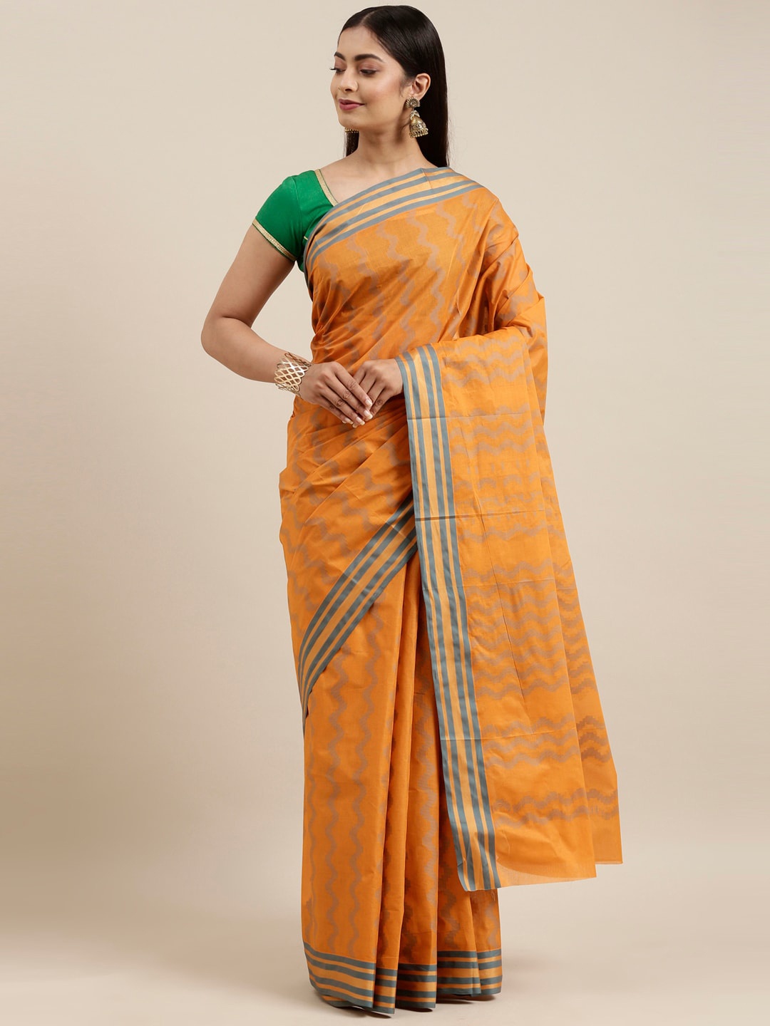 

The Chennai Silks Orange & Blue Geometric Woven Design Pure Cotton Saree