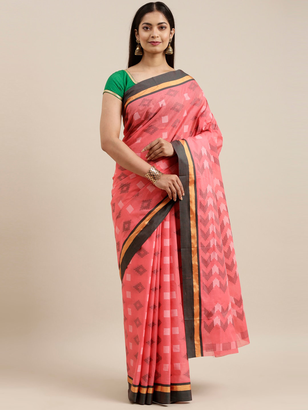

The Chennai Silks Pink & Black Woven Design Pure Cotton Saree