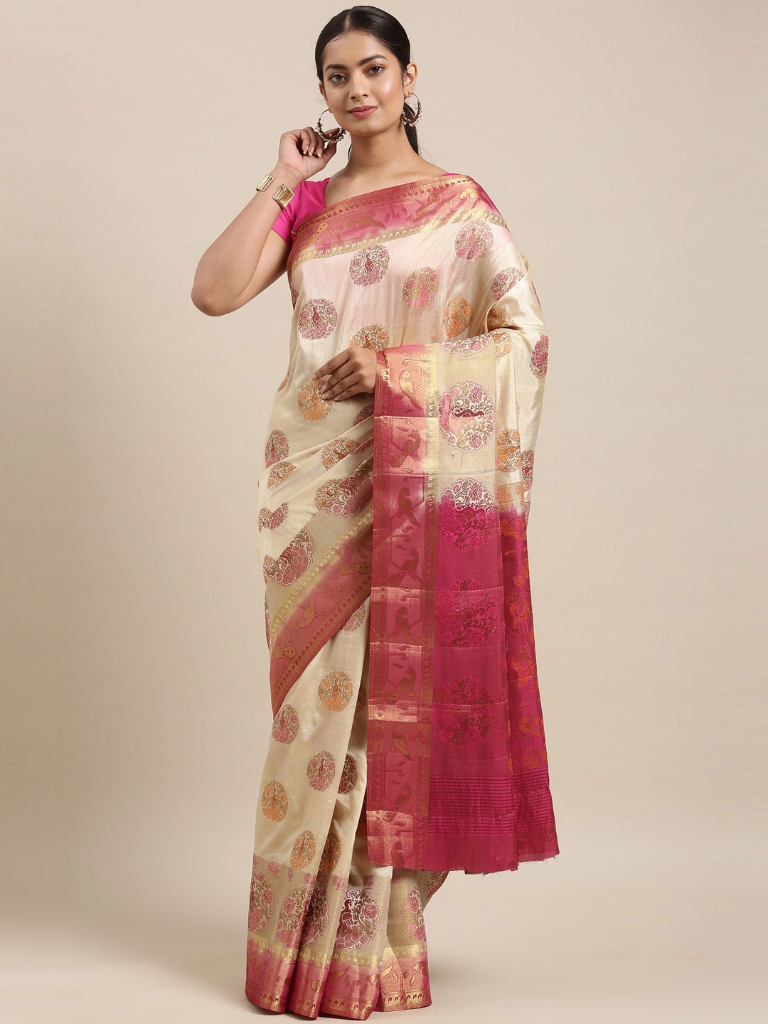 

The Chennai Silks Cream-Coloured & Pink Ethnic Motifs Saree