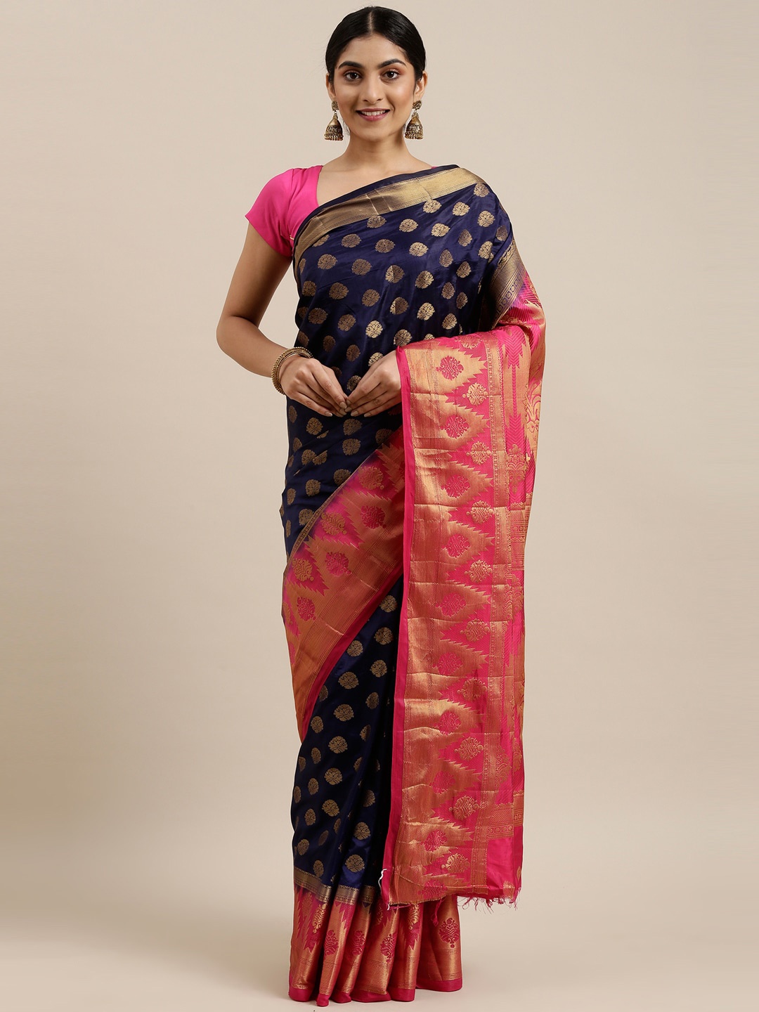 

The Chennai Silks Navy Blue & Pink Ethnic Motifs Saree