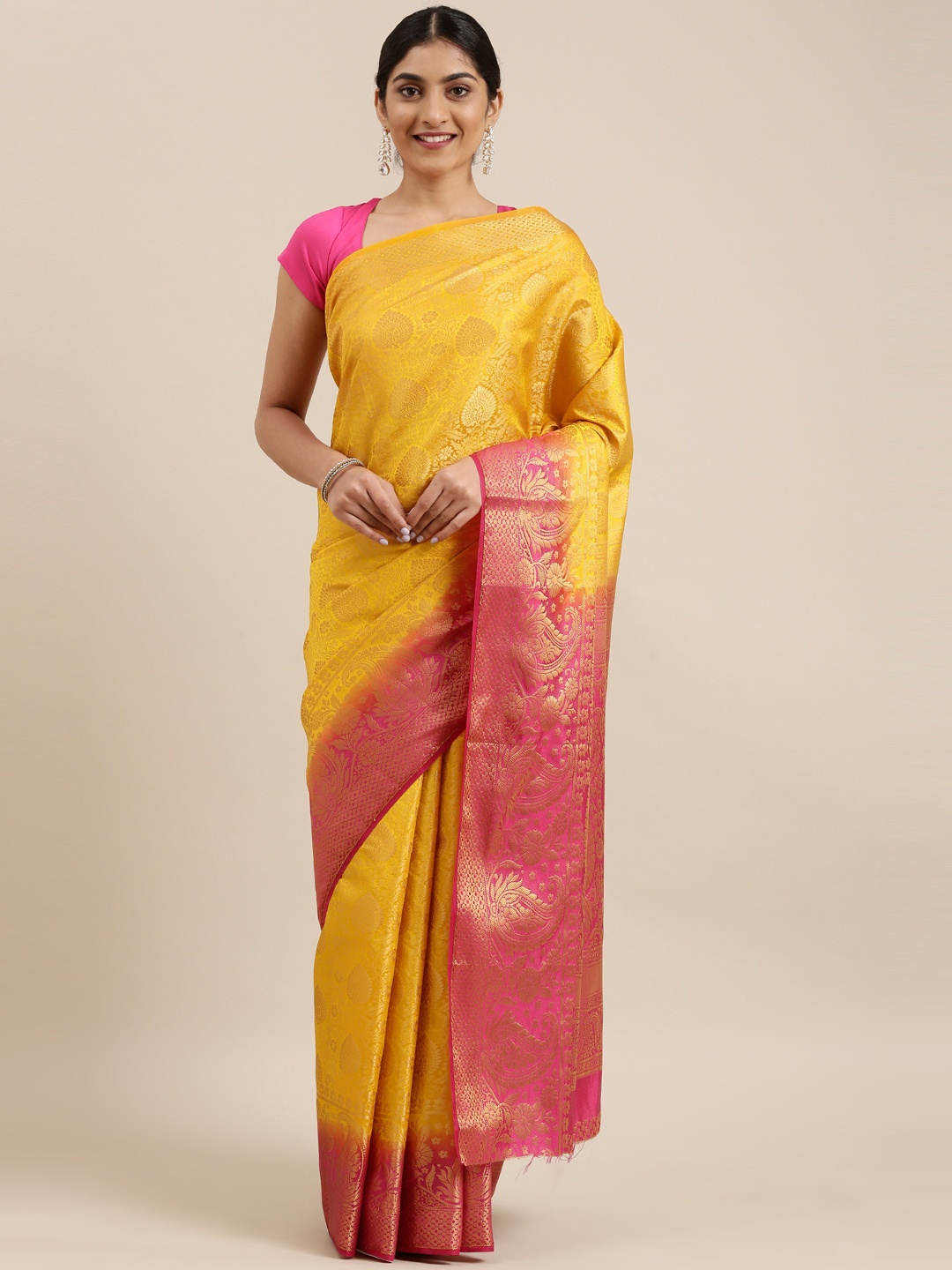 

The Chennai Silks Yellow & Pink Ethnic Motifs Zari Silk Blend Patola Saree