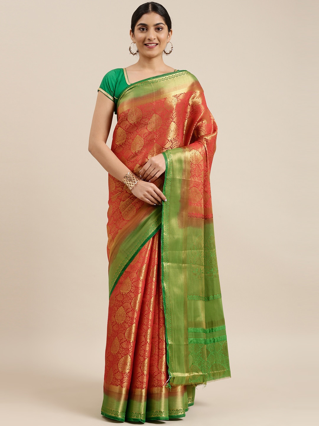 

The Chennai Silks Maroon & Green Ethnic Motifs Silk Blend Patola Saree