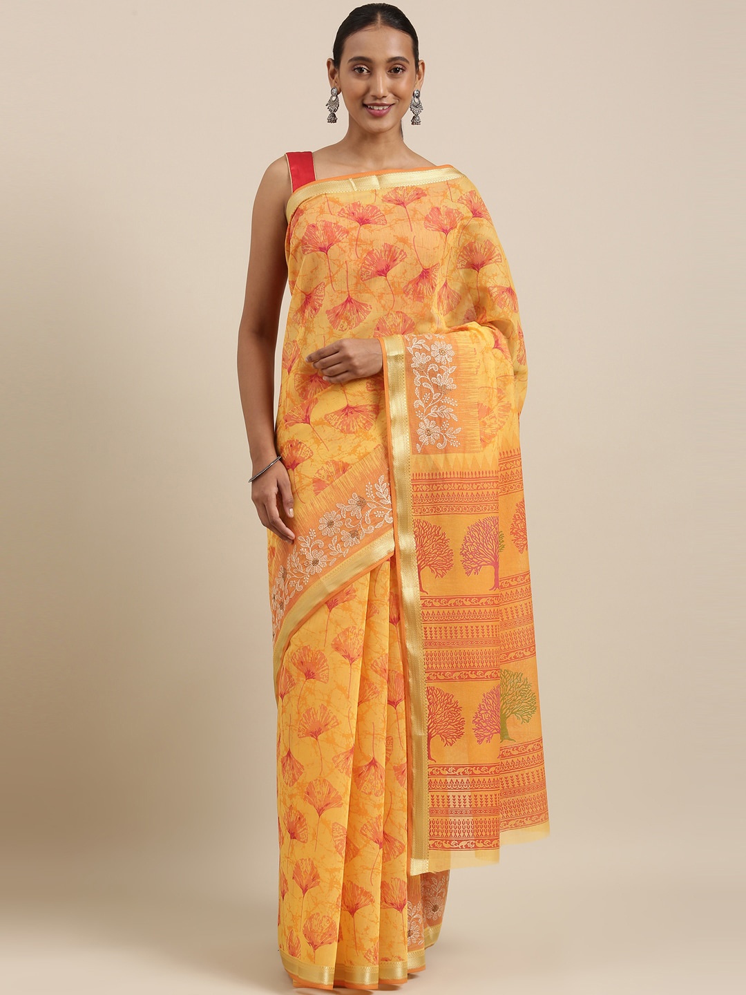 

The Chennai Silks Yellow & Magenta Floral Pure Cotton Chanderi Saree