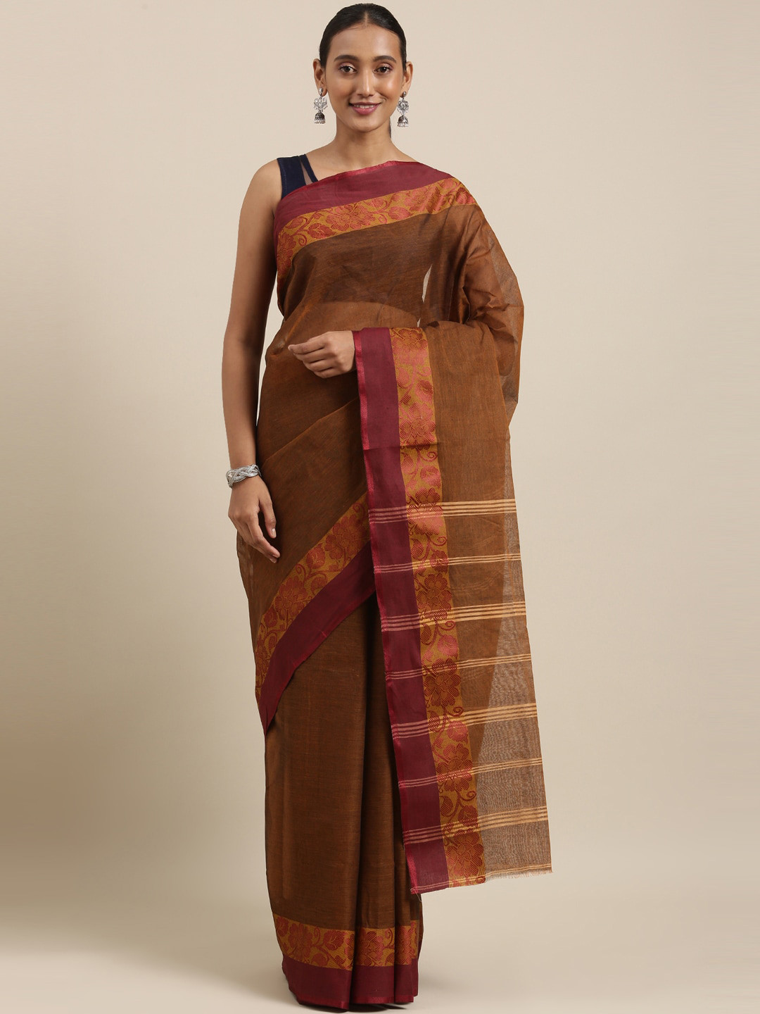 

The Chennai Silks Mustard & Beige Pure Cotton Taant Saree