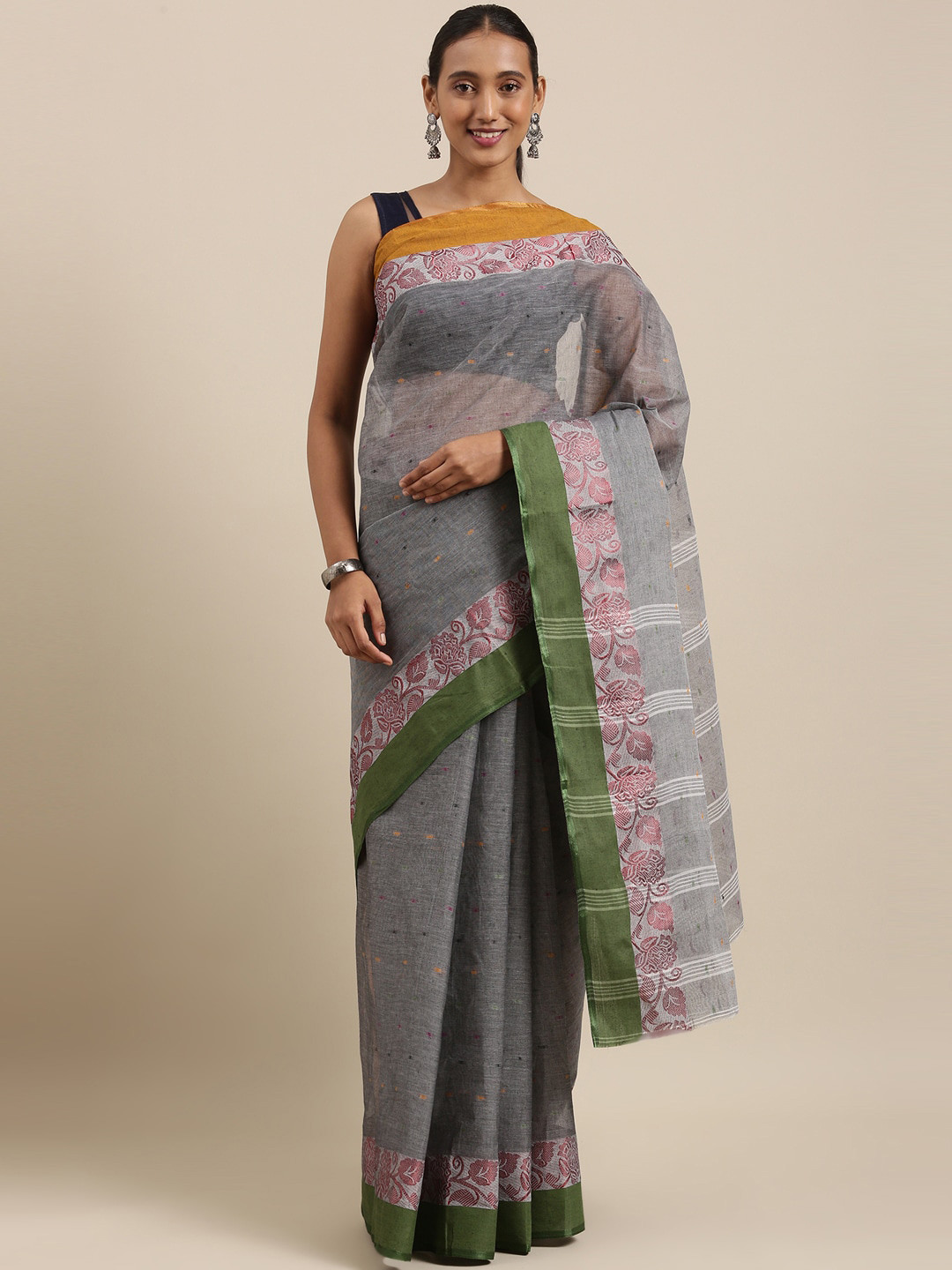 

The Chennai Silks Grey & Pink Ethnic Motifs Pure Cotton Taant Saree
