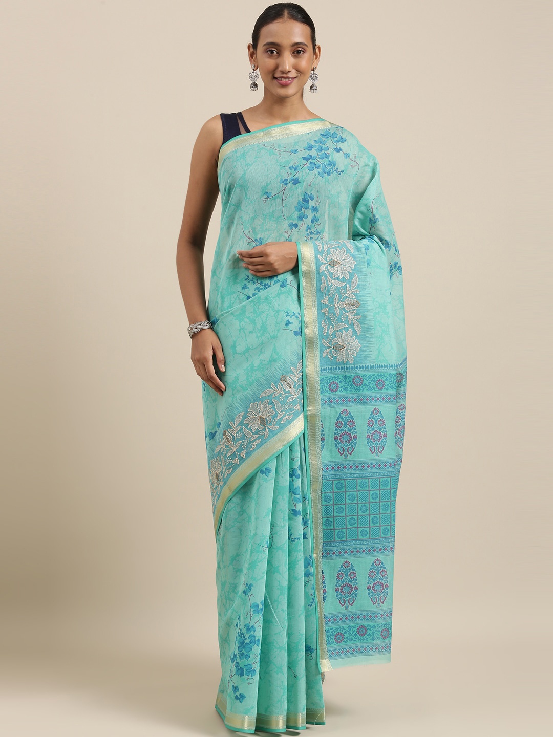 

The Chennai Silks Turquoise Blue & Navy Blue Floral Pure Cotton Saree