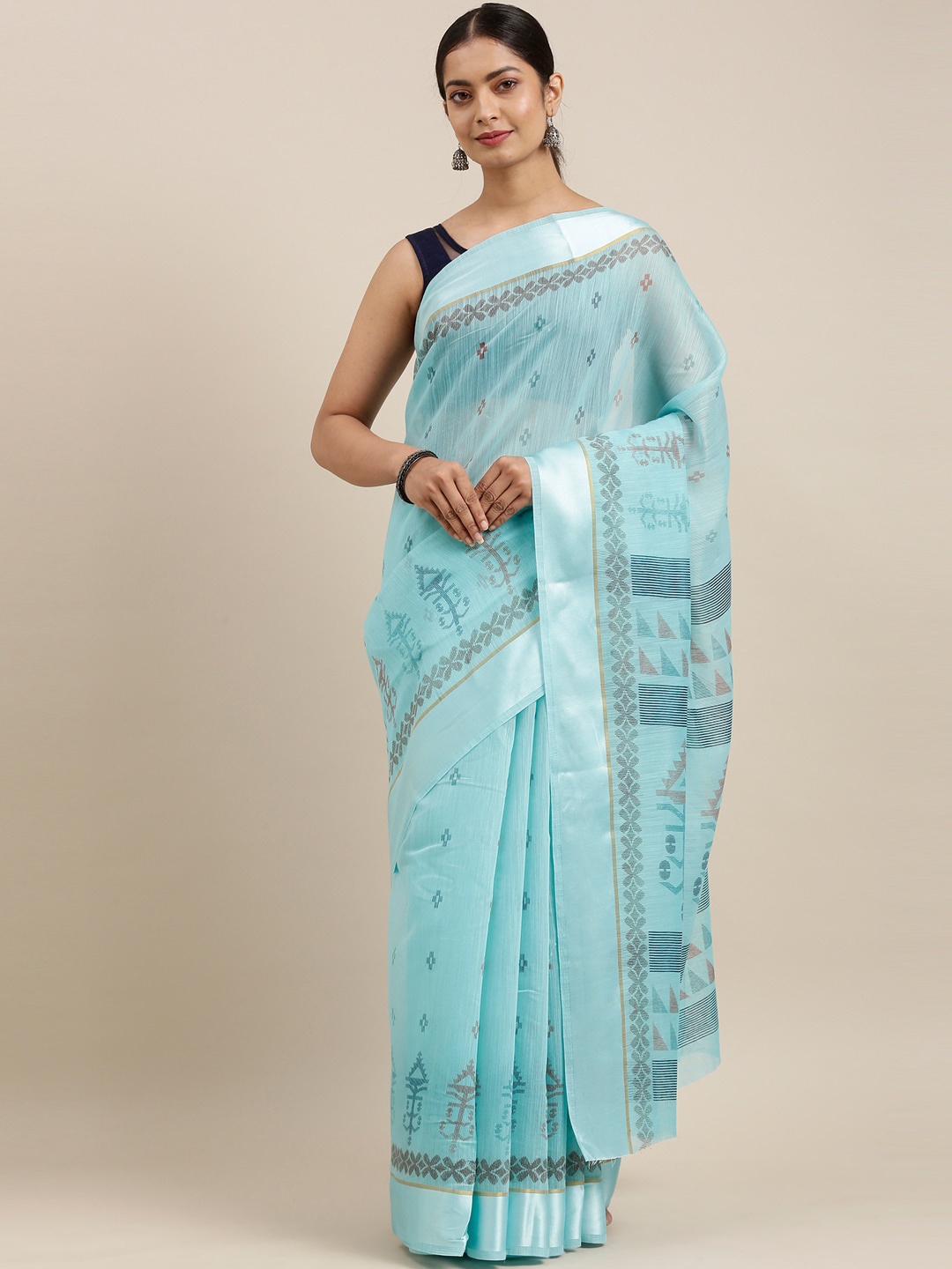 

The Chennai Silks Turquoise Blue & Grey Ethnic Motifs Fusion Bhagalpuri Saree