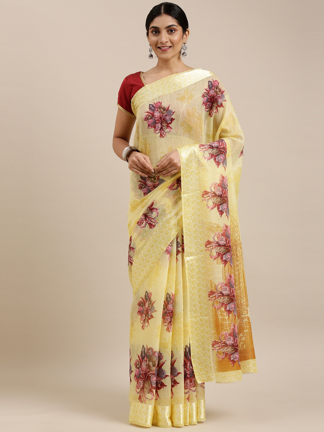 

The Chennai Silks Yellow & Red Floral Bhagalpuri Saree