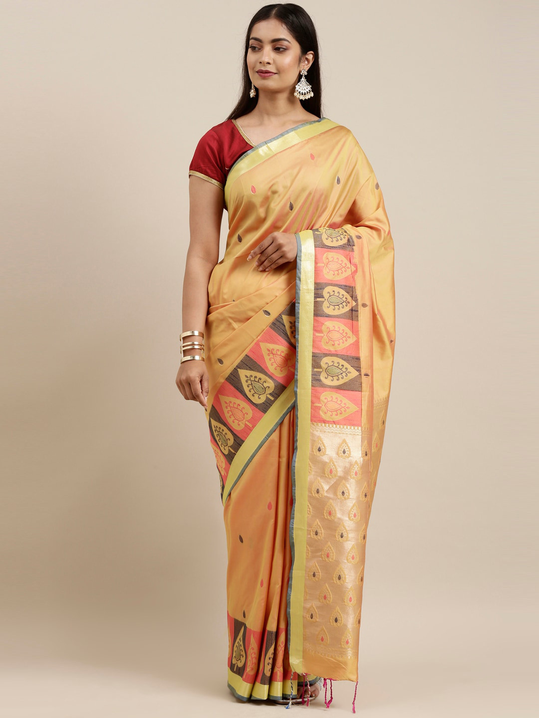 

The Chennai Silks Gold-Toned & Red Ethnic Motifs Art Silk Saree
