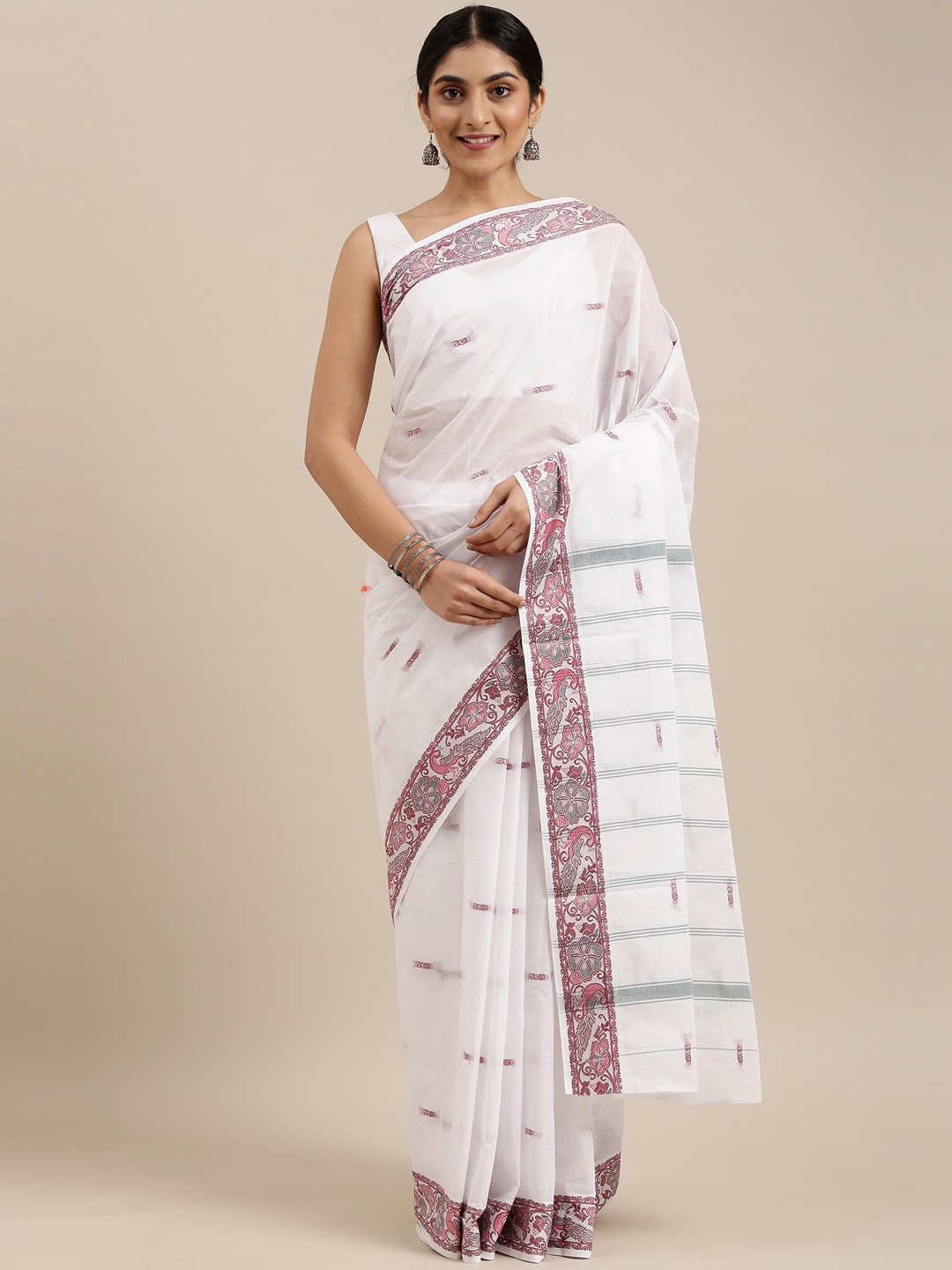 

The Chennai Silks Off White & Pink Ethnic Motifs Pure Cotton Saree