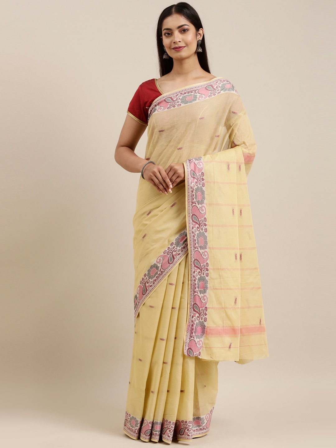 

The Chennai Silks Beige & Pink Ethnic Motifs Pure Cotton Saree