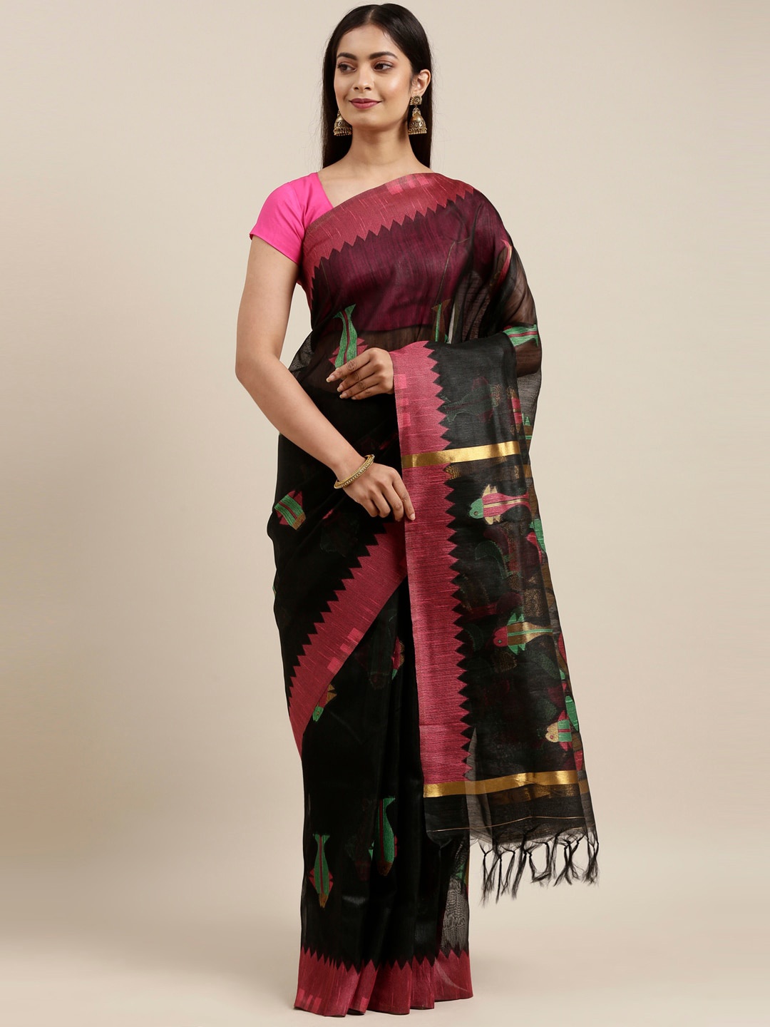 

The Chennai Silks Black & Pink Ethnic Motifs Saree