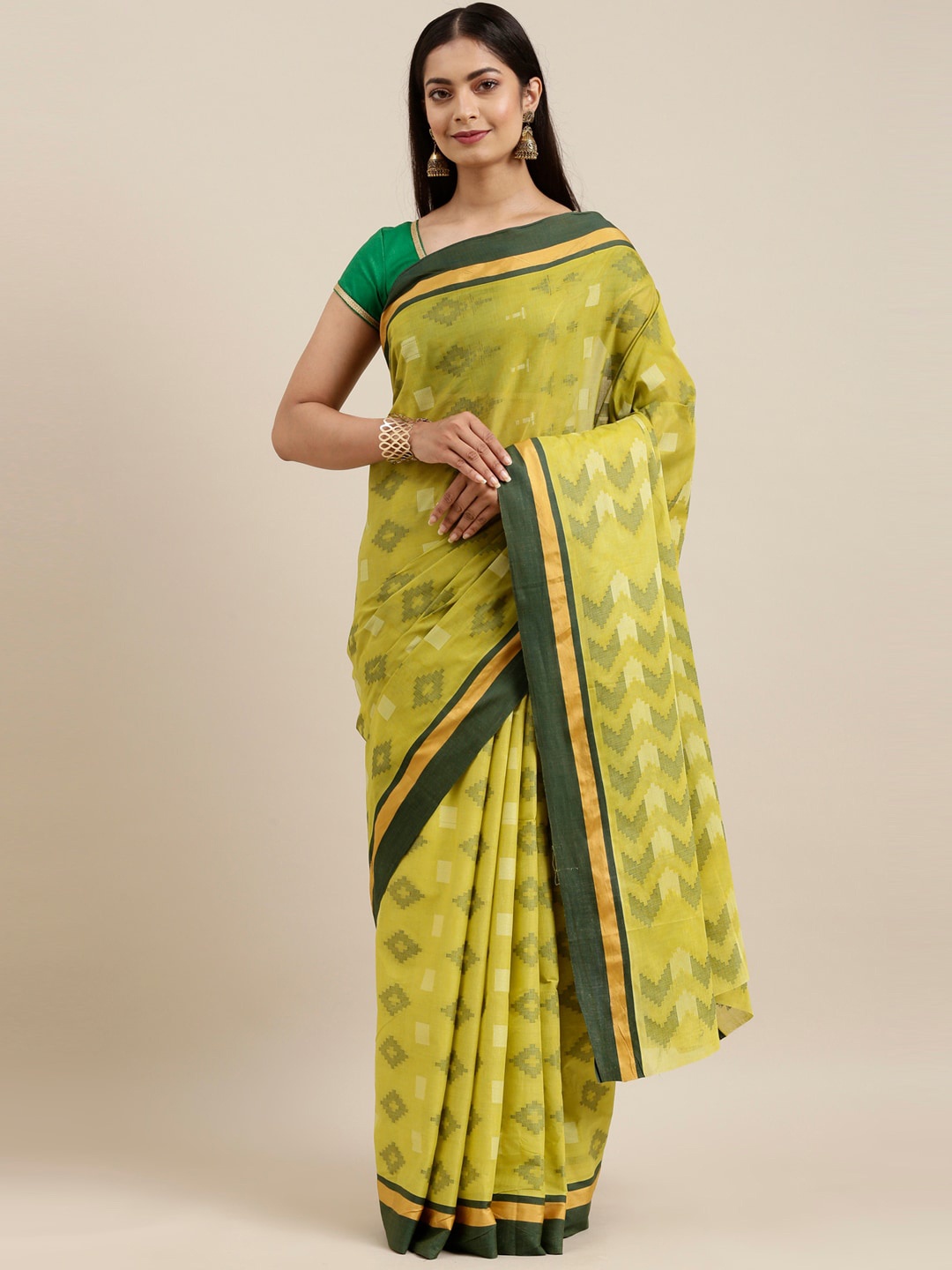 

The Chennai Silks Green & Gold-Toned Woven Design Zari Pure Cotton Saree