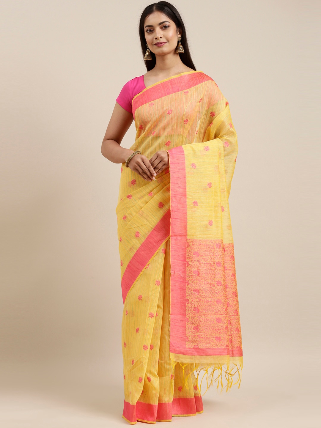 

The Chennai Silks Yellow & Pink Floral Woven Design Saree