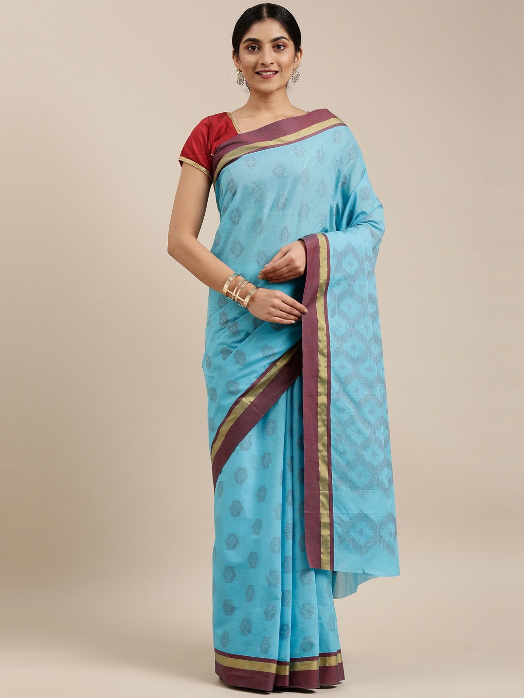 

The Chennai Silks Blue & Maroon Ethnic Motifs Pure Cotton Saree