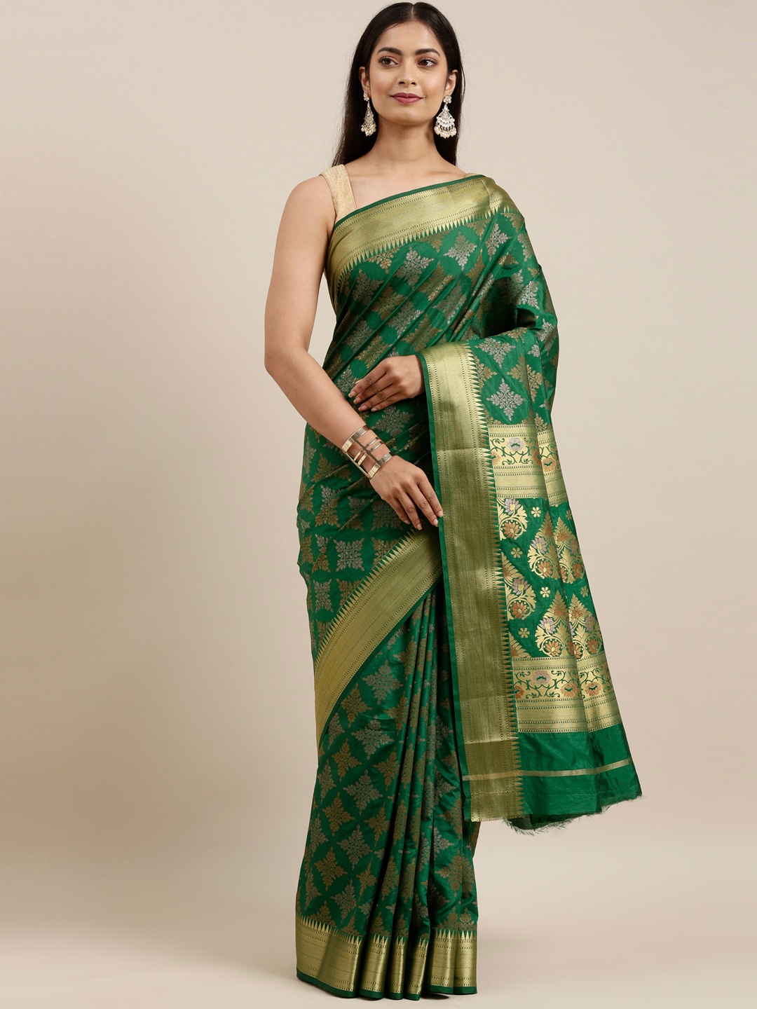 

The Chennai Silks Green & Gold-Toned Ethnic Motifs Saree