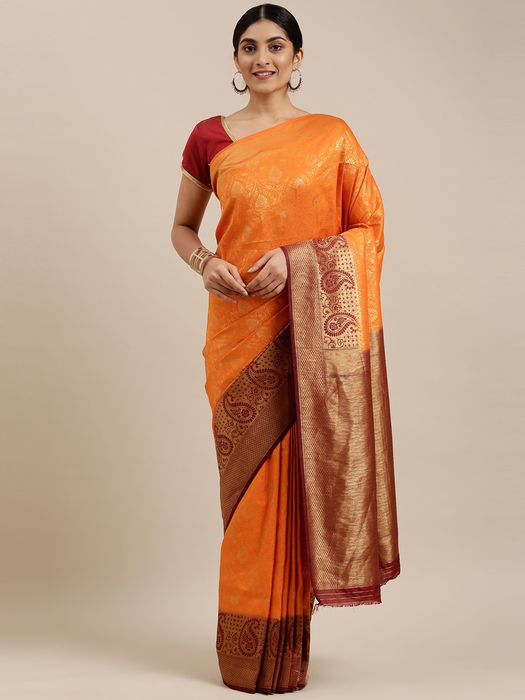 

The Chennai Silks Orange & Maroon Ethnic Motifs Silk Blend Patola Saree