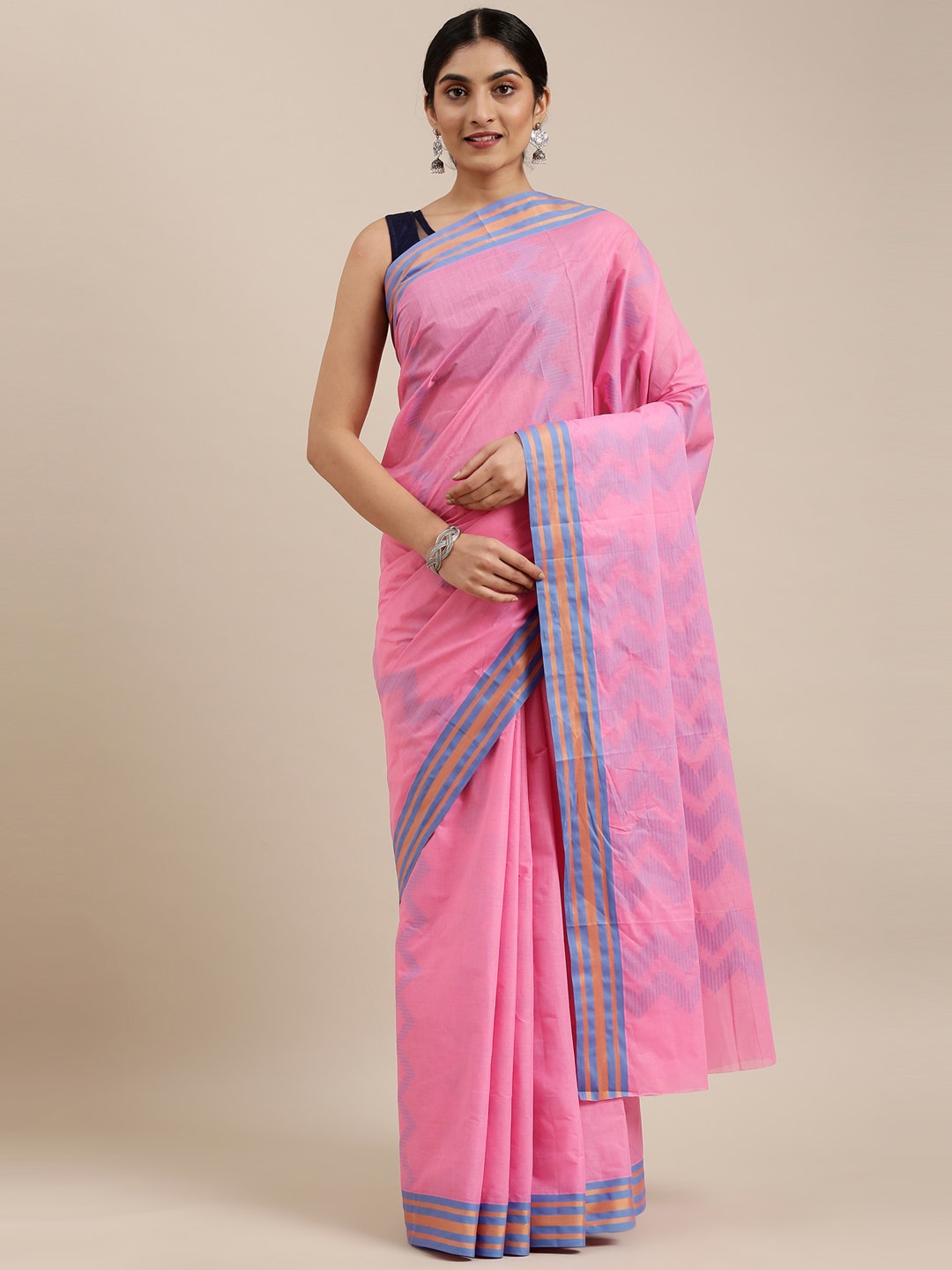 

The Chennai Silks Pink & Blue Woven Design Pure Cotton Saree