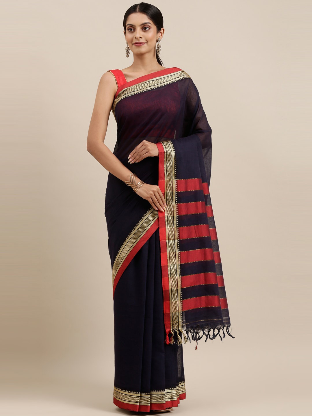 

The Chennai Silks Navy Blue & Gold-Toned Zari Pure Cotton Saree