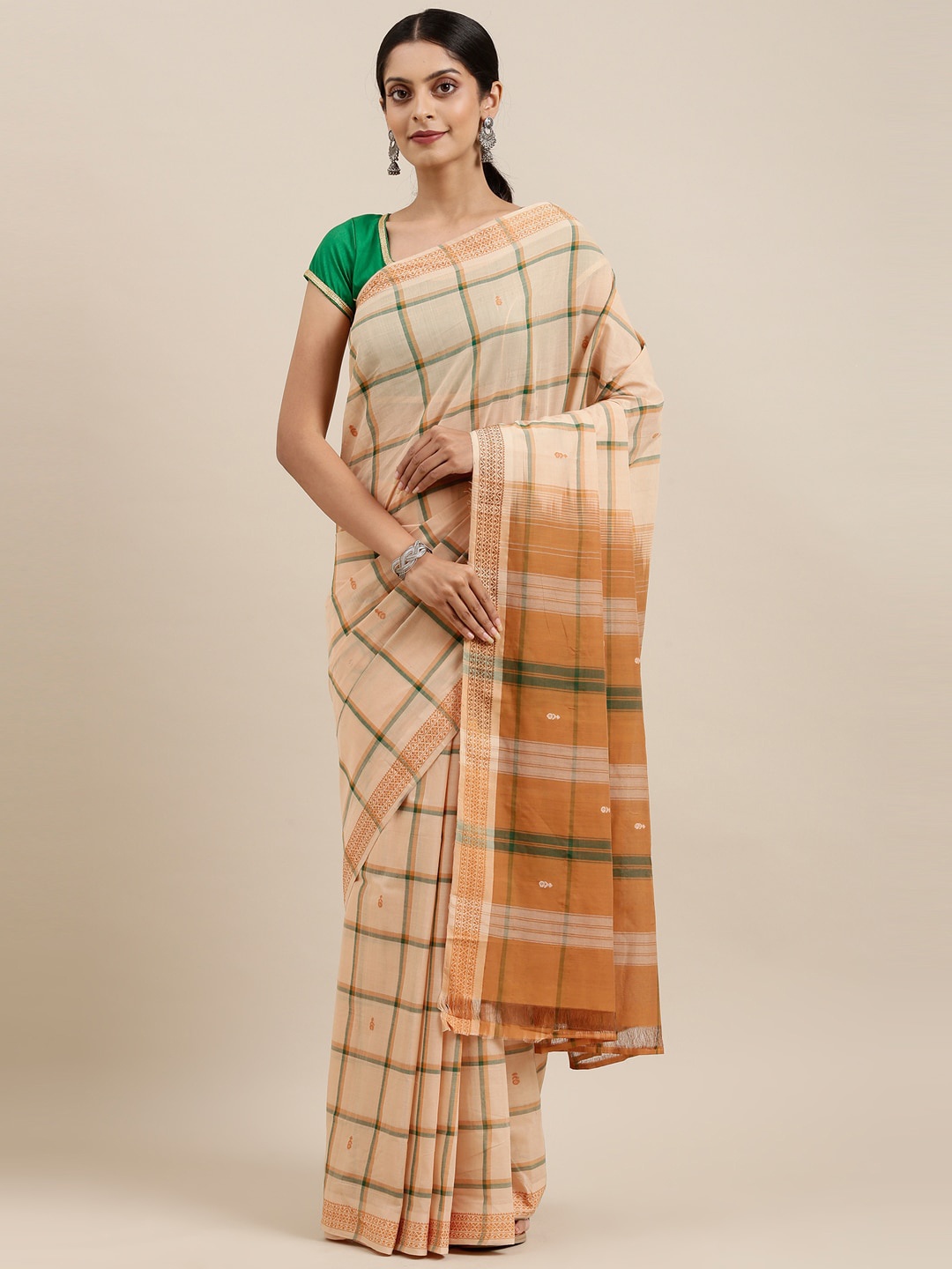 

The Chennai Silks Brown & Beige Checked Pure Cotton Venkatgiri Saree