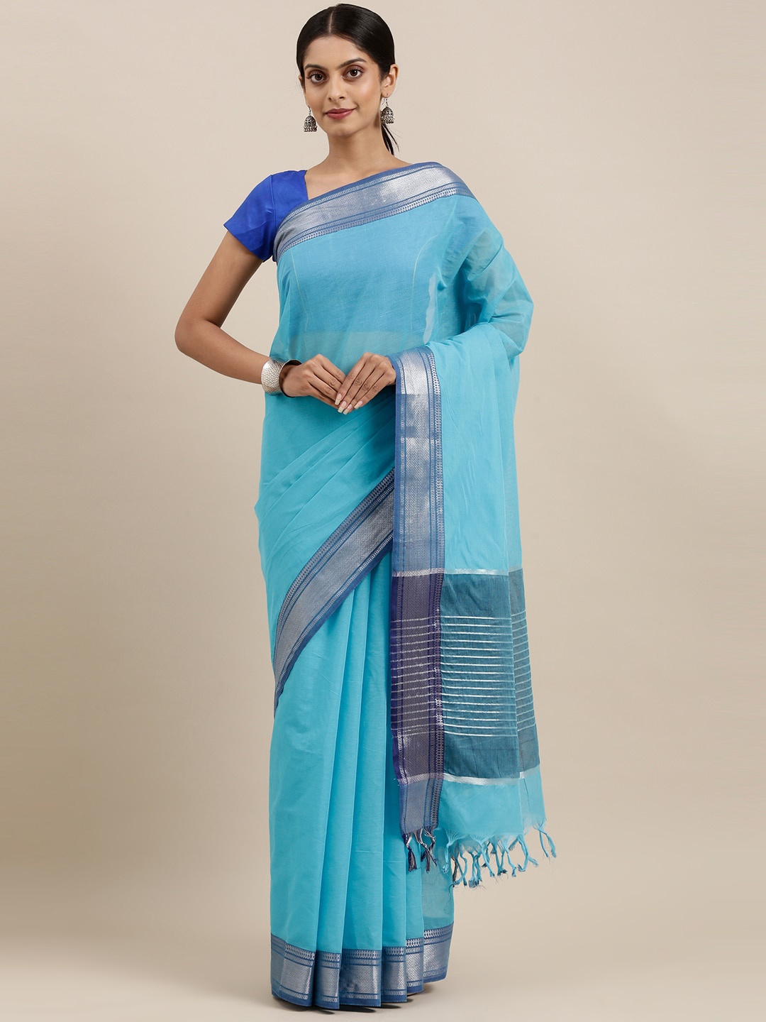 

The Chennai Silks Blue & Silver-Toned Zari Pure Cotton Saree