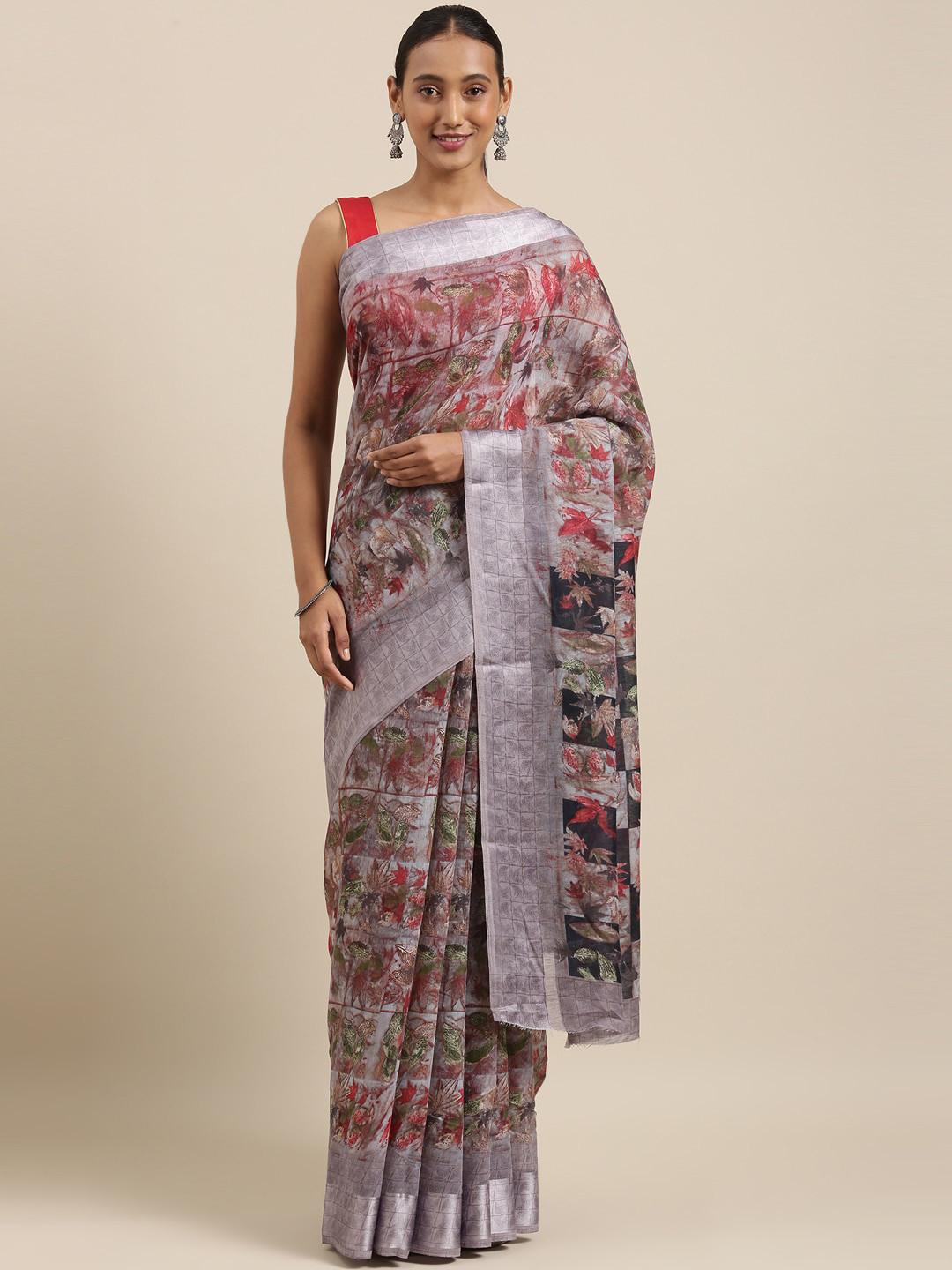 

The Chennai Silks Grey & Red Printed Bhagalpuri Saree