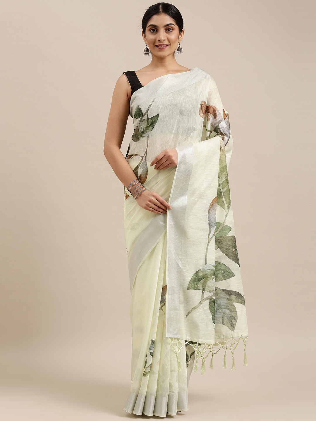 

The Chennai Silks White & Brown Floral Zari Bhagalpuri Saree
