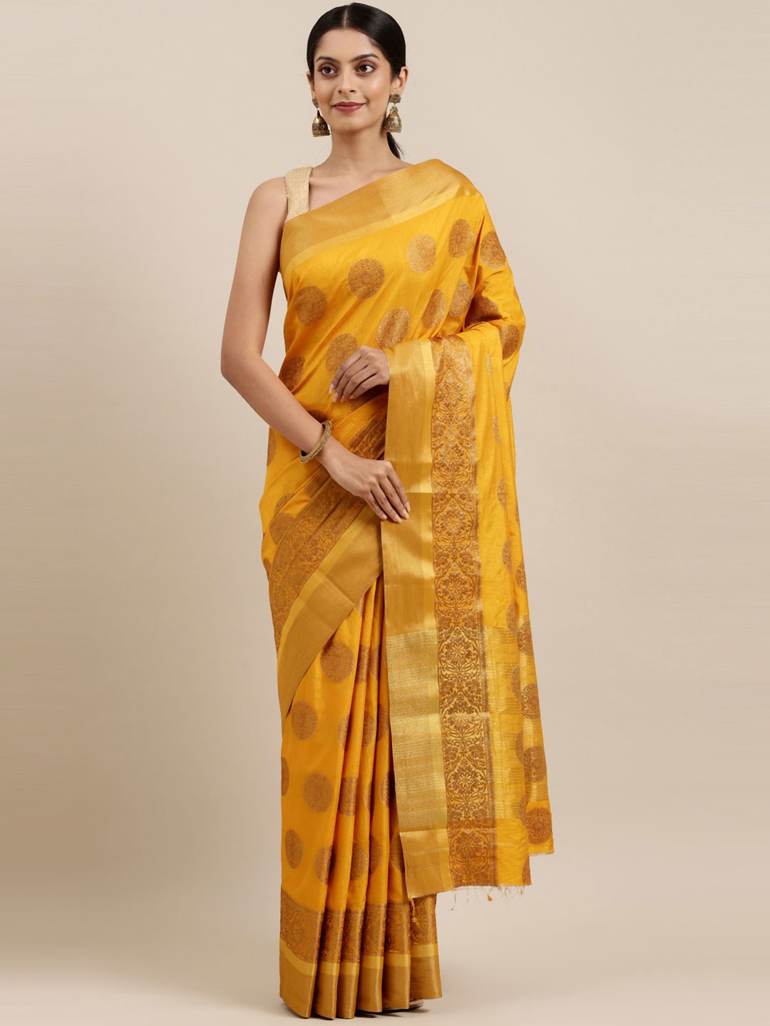 

The Chennai Silks Mustard & Gold-Toned Ethnic Motifs Zari Saree