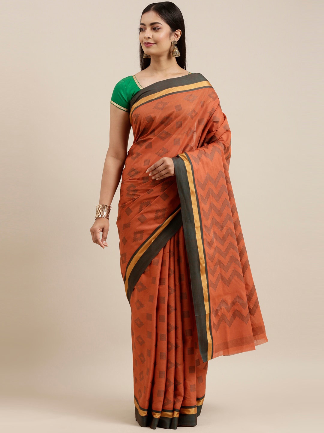 

The Chennai Silks Brown & Gold-Toned Printed Pure Cotton Saree