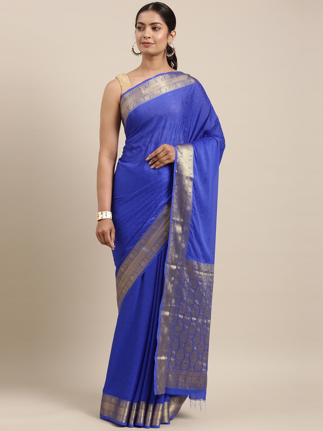 

The Chennai Silks Blue & Gold-Toned Zari Border Saree