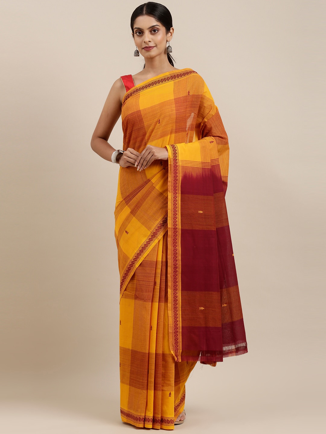 

The Chennai Silks Yellow & Maroon Checked Pure Cotton Venkatgiri Saree