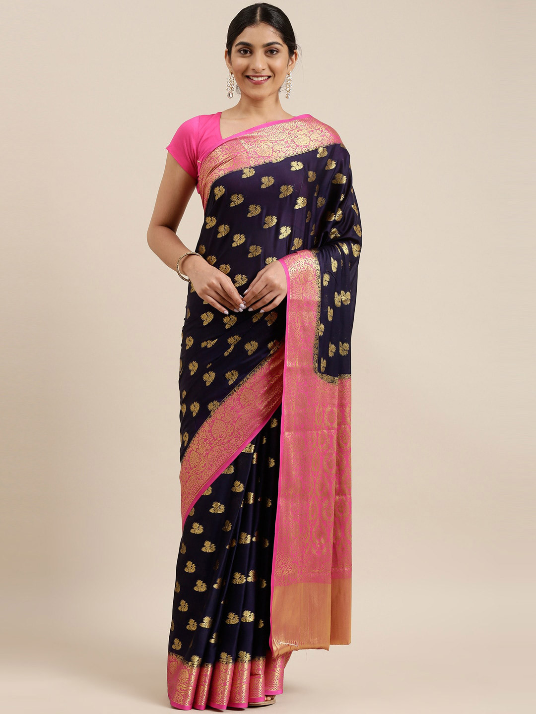 

The Chennai Silks Navy Blue & Magenta Crepe Saree