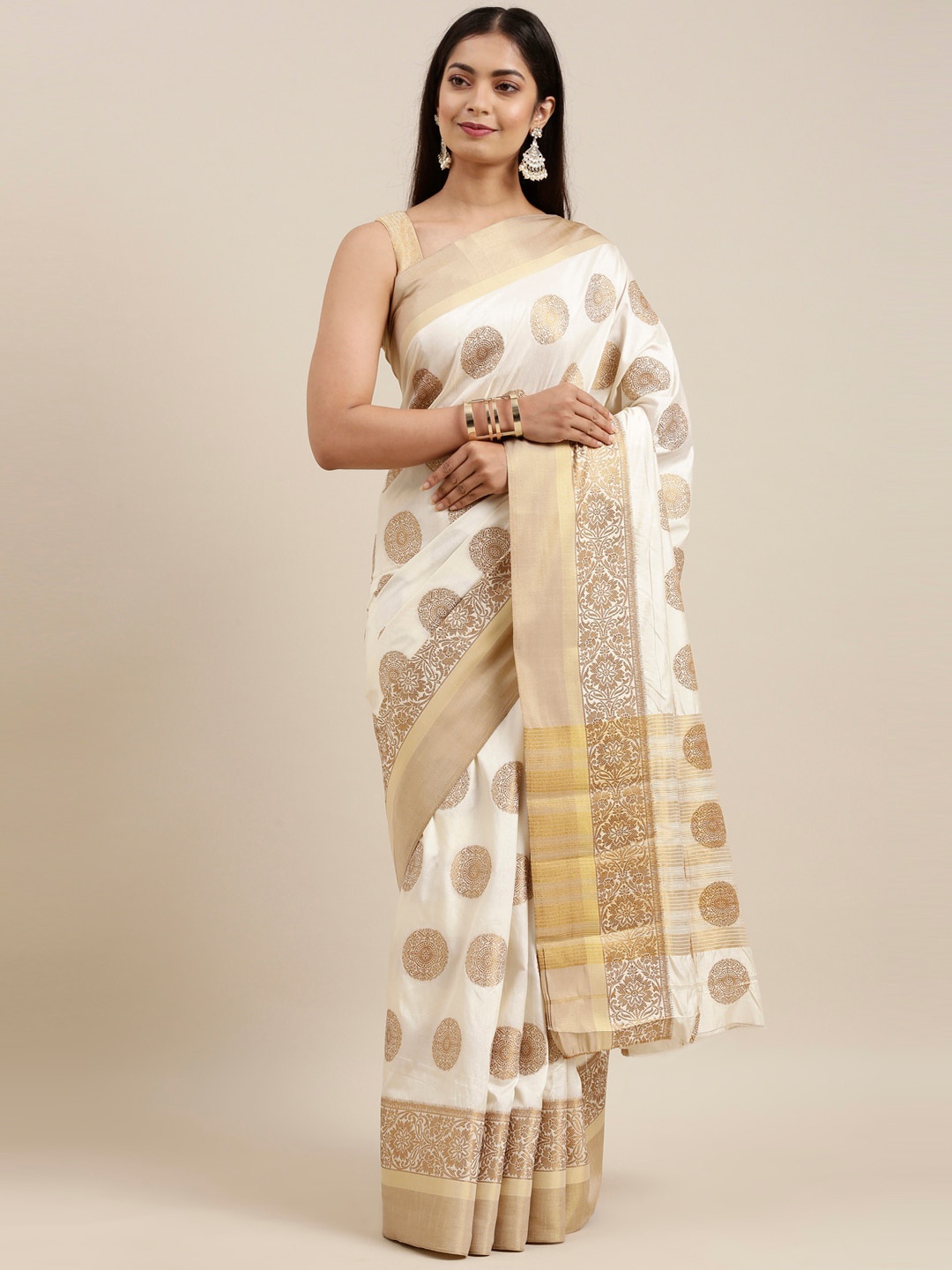 

The Chennai Silks Cream-Coloured & Gold-Toned Woven Design Zari Fusion Saree