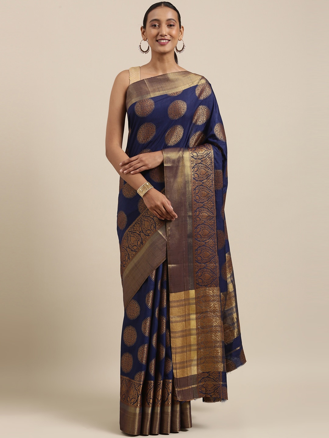 

The Chennai Silks Navy Blue & Gold-Toned Ethnic Motifs Saree