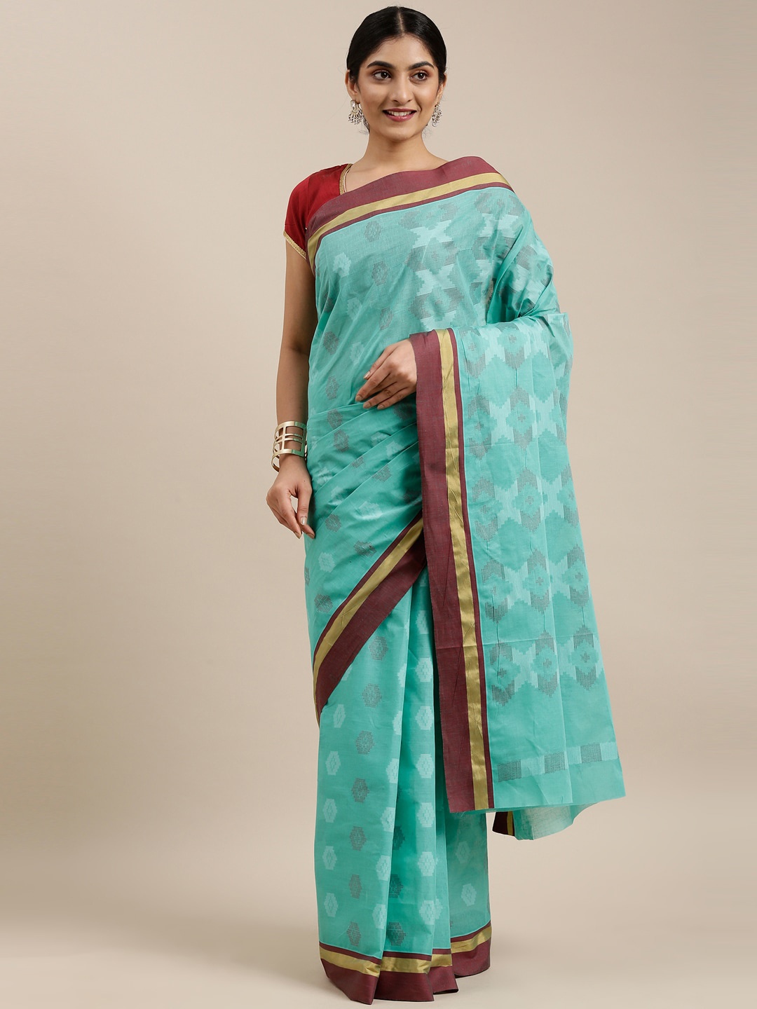 

The Chennai Silks Sea Green & Maroon Pure Cotton Saree