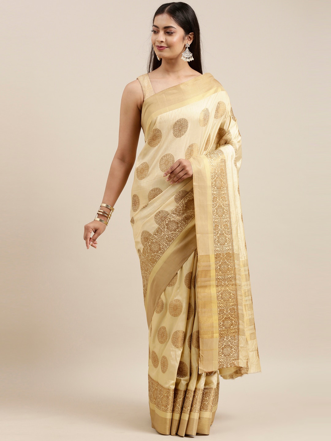

The Chennai Silks Cream-Coloured & Gold-Toned Ethnic Motifs Saree