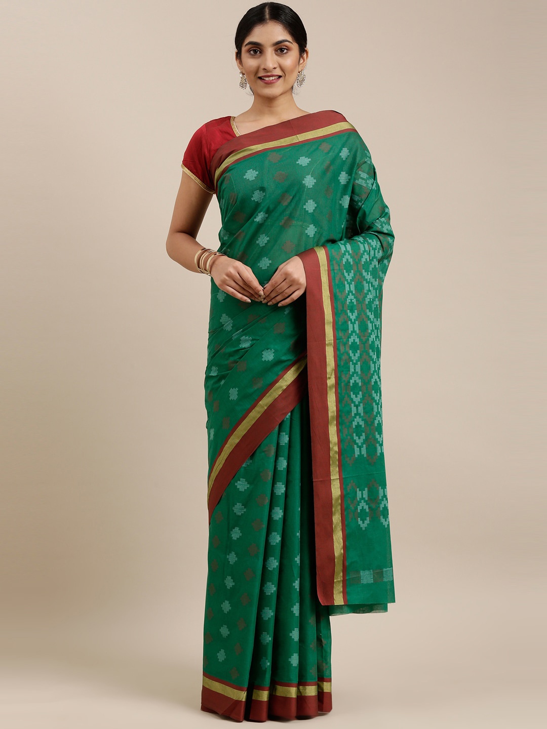 

The Chennai Silks Green & Maroon Woven Design Zari Pure Cotton Saree