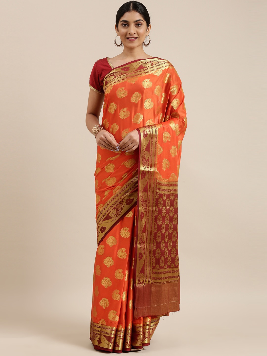 

The Chennai Silks Orange & Maroon Crepe Saree