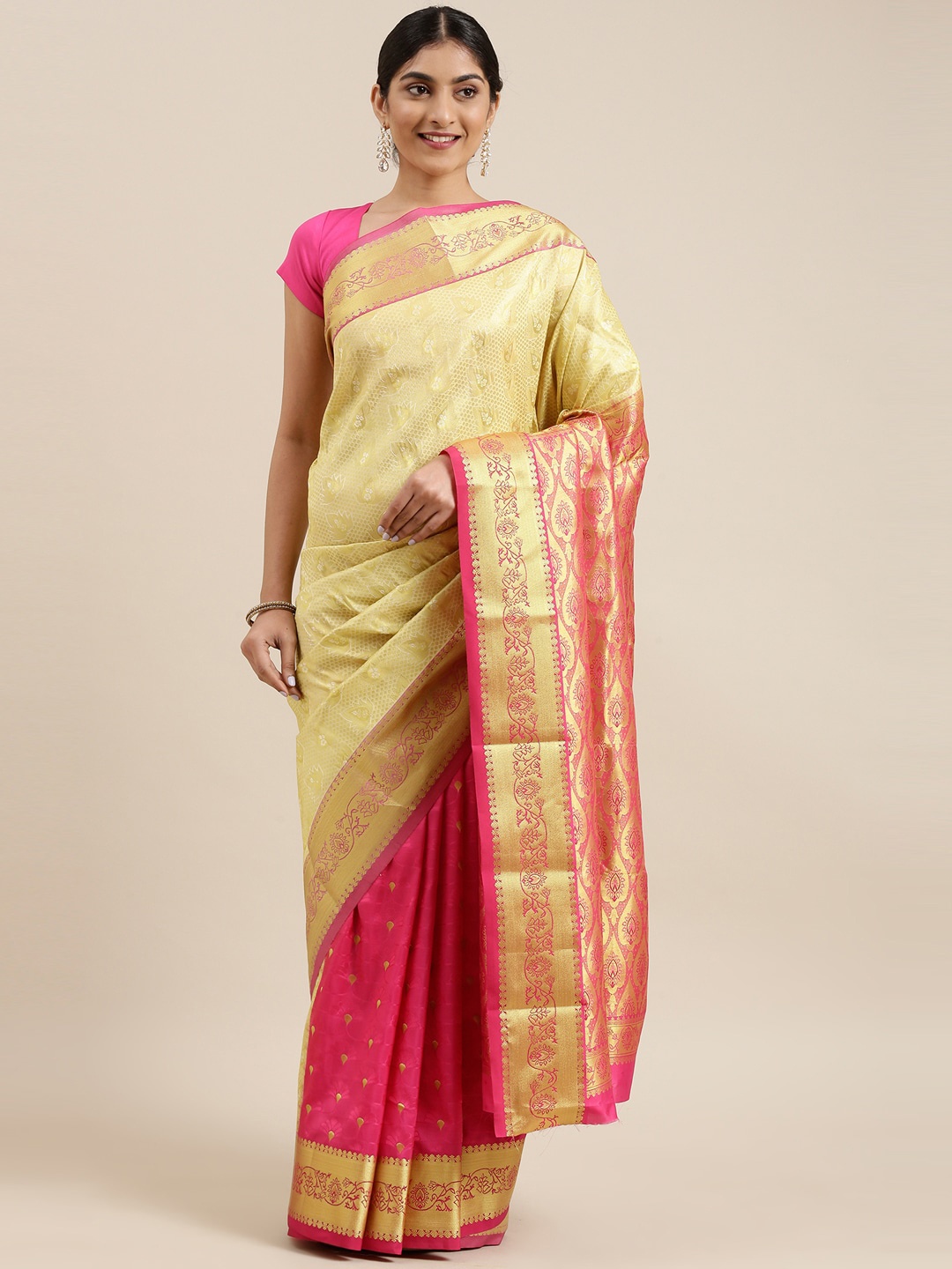 

The Chennai Silks Gold-Toned & Pink Floral Brocade Half and Half Saree