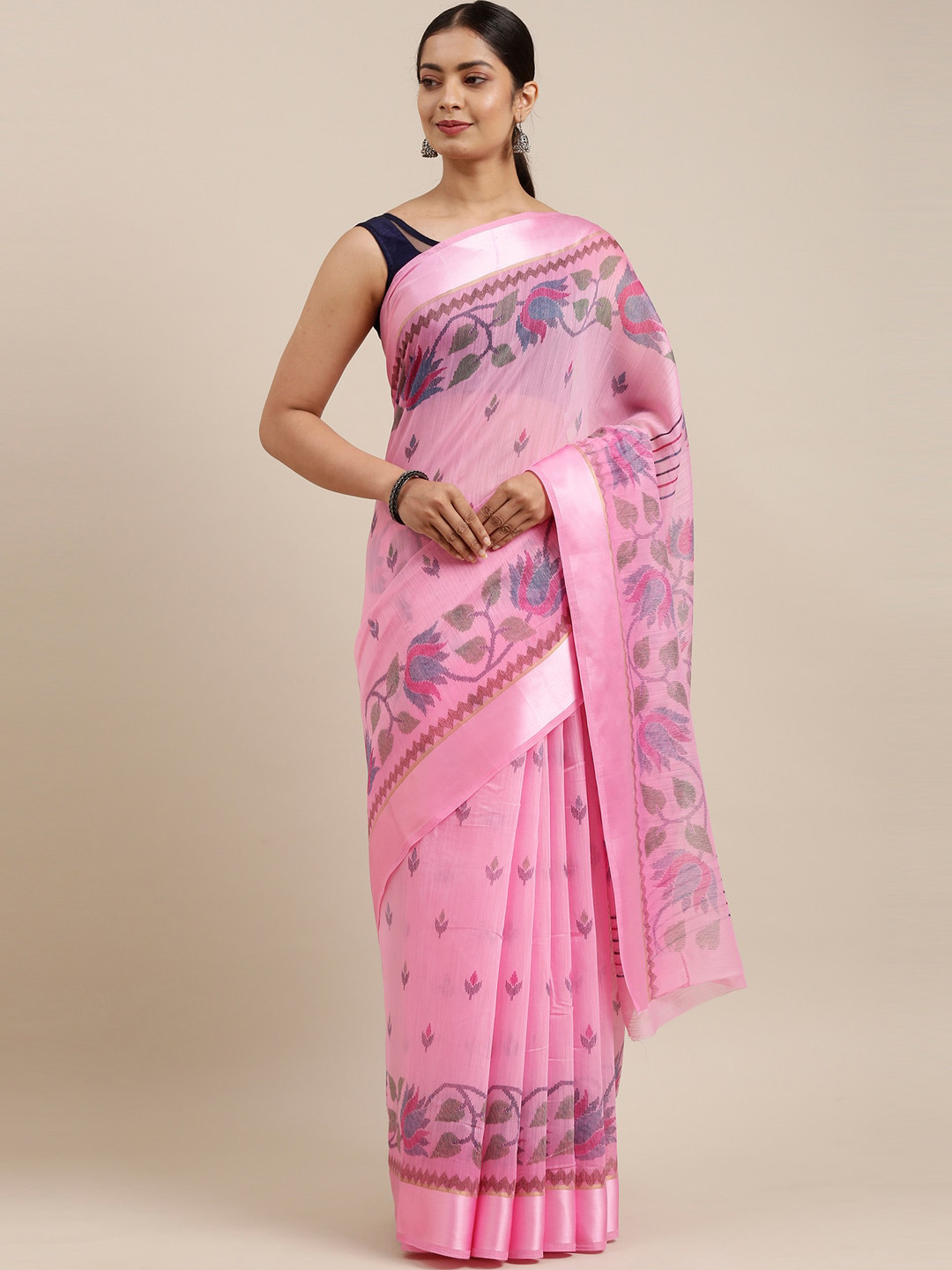 

The Chennai Silks Pink & Blue Floral Bhagalpuri Saree