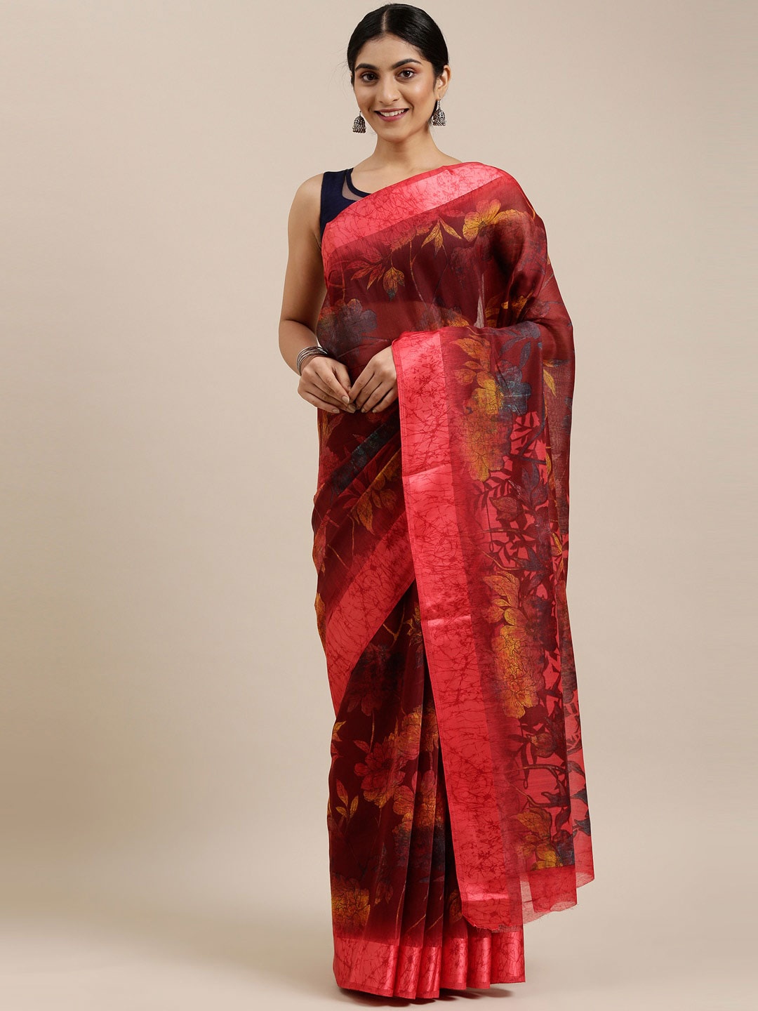 

The Chennai Silks Maroon & Pink Floral Bhagalpuri Saree